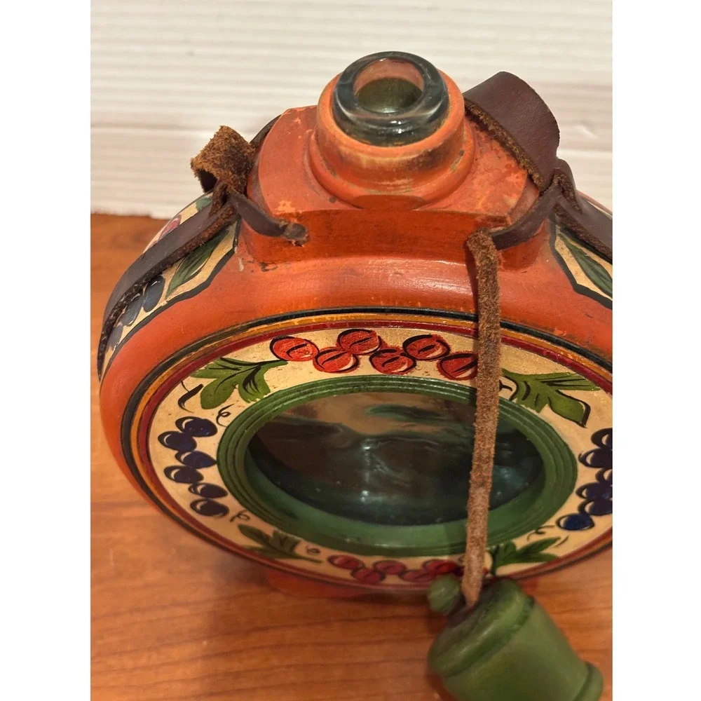 Vintage Hand Painted Wooden Canteen Glass Window Folk Art Berry Leather Strap